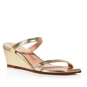 $450 Stuart Weitzman Aleena Wedge STRAPS Slide LEATHER SLIP ON mule GOLD 8 (TE4)